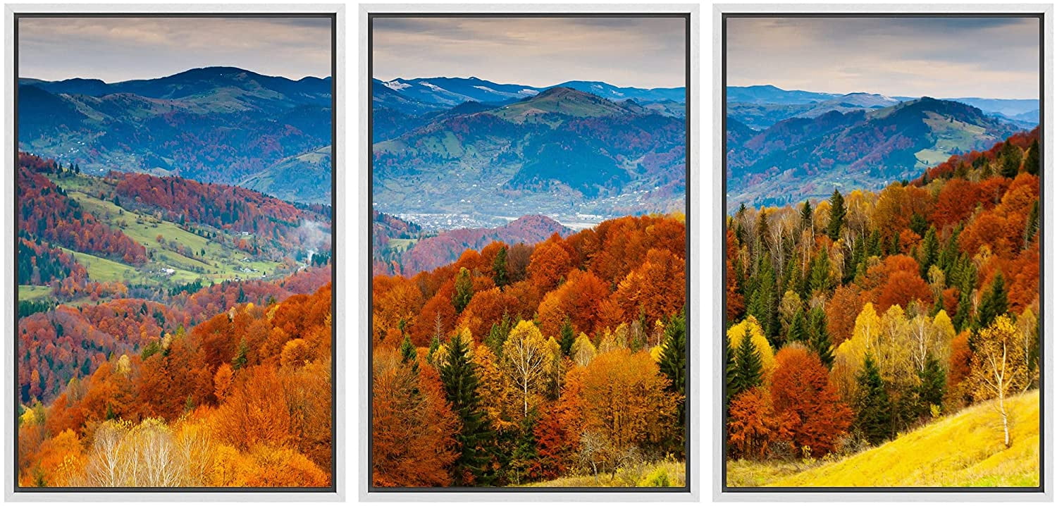 wall26 Framed Canvas Print Wall Art Set Red, Green & Yellow Autumn ...