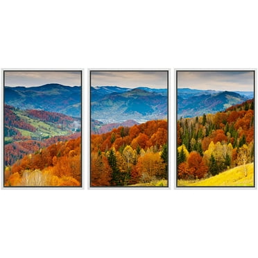 wall26 Framed Canvas Print Wall Art Set Red, Green &amp; Yellow Autumn Mountain Forest Nature Wilderness Photography Realism Rustic Scenic Relax/Calm for Living Room, Bedroom, Office - 24&quot;x36&qu