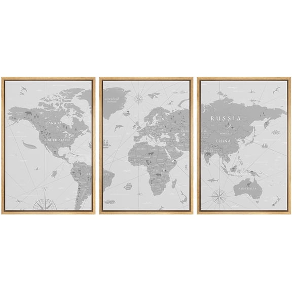 wall26 Framed Canvas Print Wall Art Set Retro Vintage Antique Gray World Map Global Country Illustrations Modern Art International Educational for Living Room, Bedroom, Office - 16"x24"x3 N