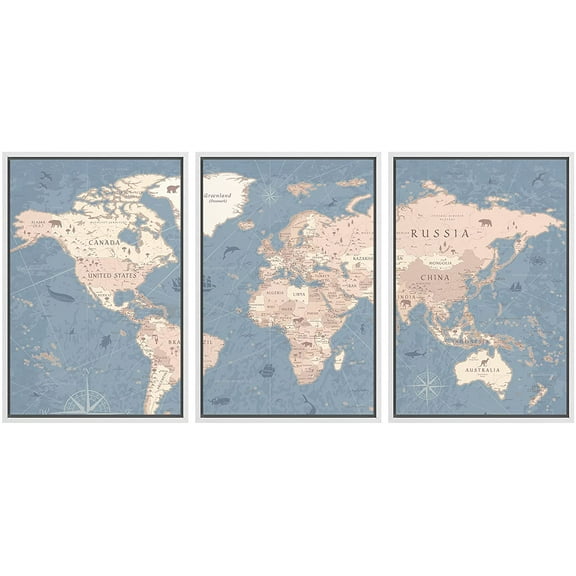 wall26 Framed Canvas Print Wall Art Set Retro Vintage Antique Pastel World Map Global Country Illustrations Modern Art International Educational for Living Room, Bedroom, Office - 16"x24"x3