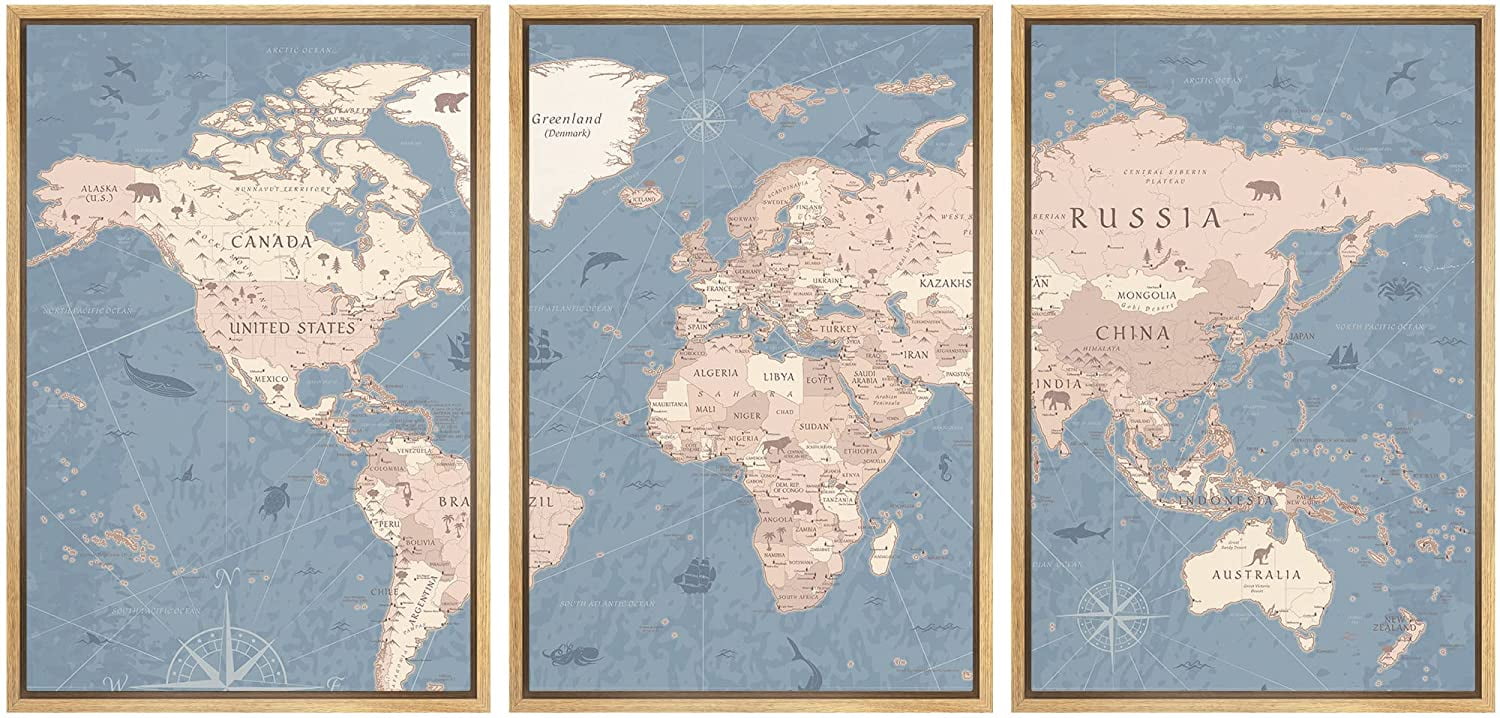 Natural Framed Canvas Print World Map Set in Blue and Beige