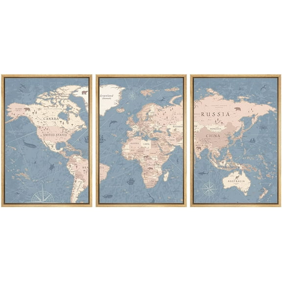 wall26 Framed Canvas Print Wall Art Set Retro Vintage Antique Pastel World Map Global Country Illustrations Modern Art International Educational for Living Room, Bedroom, Office - 16"x24"x3