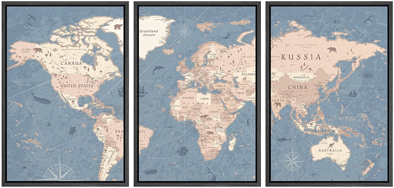 Black Framed Geometric World Map Canvas Print Set