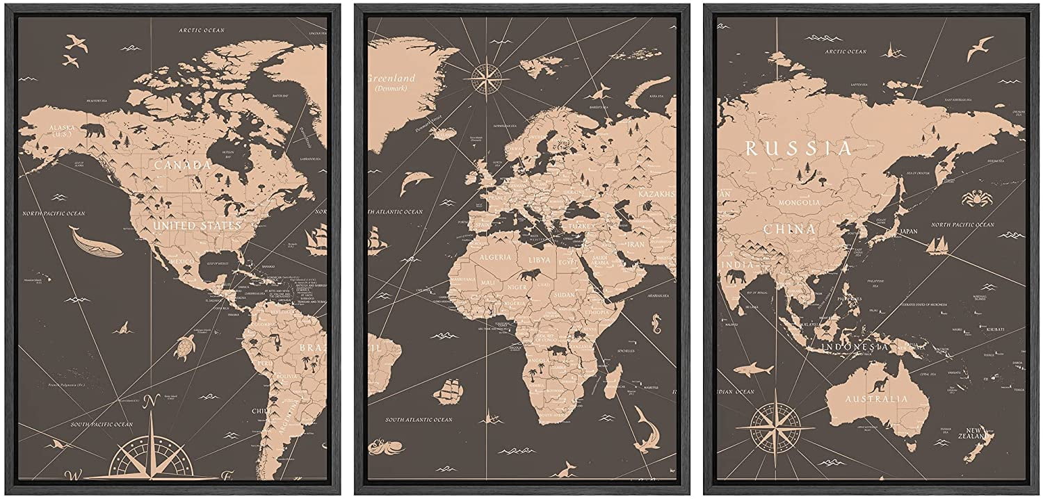 Modern Black Framed Geometric World Map Canvas Print Set