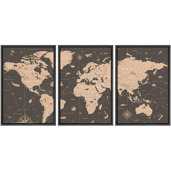 wall26 Framed Canvas Print Wall Art Set Retro Vintage Antique Sepia World Map Global Country Illustrations Modern Art International Educational for Living Room, Bedroom, Office - 16"x24"x3