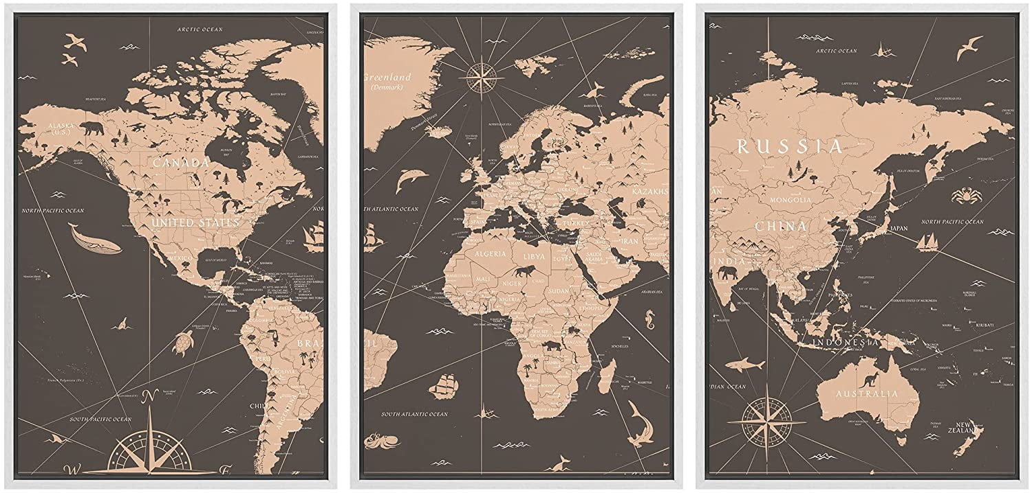 Sepia World Map Geometric Framed Canvas Print Set
