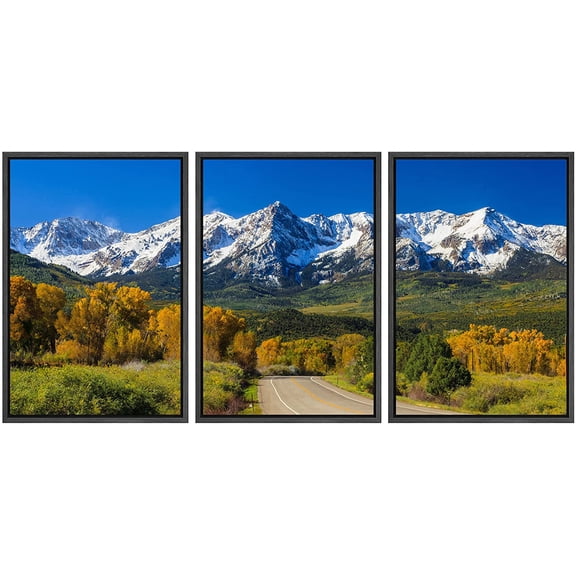 wall26 Framed Canvas Print Wall Art Set Road Through The Snowy Mountain Landscape Nature Wilderness Photography Realism Rustic Colorful for Living Room, Bedroom, Office - 16"x24"x3 Black