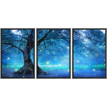 wall26 Framed Canvas Print Wall Art Set Sparkling Star in Blue Mystic Forest Nature Wilderness Photography Realism Rustic Landscape Colorful Ultra for Living Room, Bedroom, Office - 16&quot;x24&quot;
