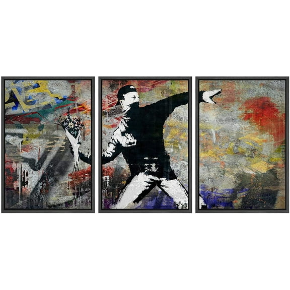 wall26 Framed Canvas Print Wall Art Set Spray Paint Banksy Flower Bomb Graffiti &amp; Street Art Comic Book Illustrations Modern Art Urban Portrait for Living Room, Bedroom, Office - 16"x24&quot