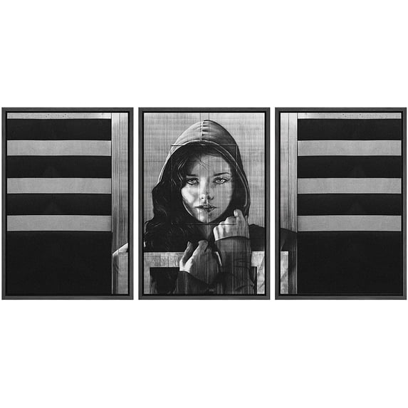 wall26 Framed Canvas Print Wall Art Set Spray Paint Black & Gray Woman Graffiti & Street Art Comic Book Illustrations Modern Art Urban Portrait for Living Room, Bedroom, Office - 16"x24&