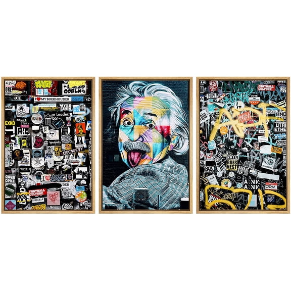 wall26 Framed Canvas Print Wall Art Set Spray Paint Funny Albert Einstein Graffiti &amp; Street Art Comic Book Illustrations Modern Art Urban Portrait for Living Room, Bedroom, Office - 16"x24&q