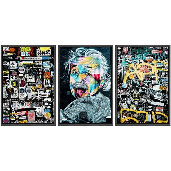 wall26 Framed Canvas Print Wall Art Set Spray Paint Funny Albert Einstein Graffiti & Street Art Comic Book Illustrations Modern Art Urban Portrait for Living Room, Bedroom, Office - 16"x24&q