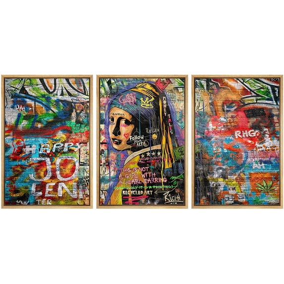 wall26 Framed Canvas Print Wall Art Set Spray Paint Girl & Pearl Earring Graffiti & Street Art Comic Book Illustrations Modern Art Urban Portrait for Living Room, Bedroom, Office - 24"x3