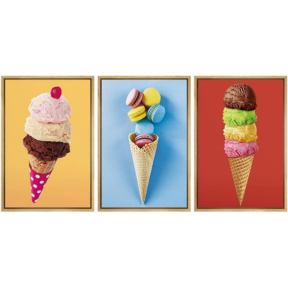 wall26 Framed Canvas Print Wall Art Set Stacked Ice Cream Cones & Macarons Food Dessert Photography Realism Contemporary Scenic Colorful for Living Room, Bedroom, Office - 16"x24"x3 NAT
