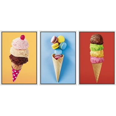 wall26 Framed Canvas Print Wall Art Set Stacked Ice Cream Cones &amp; Macarons Food Dessert Photography Realism Contemporary Scenic Colorful Multicolor for Living Room, Bedroom, Office - 24&quot;x36&
