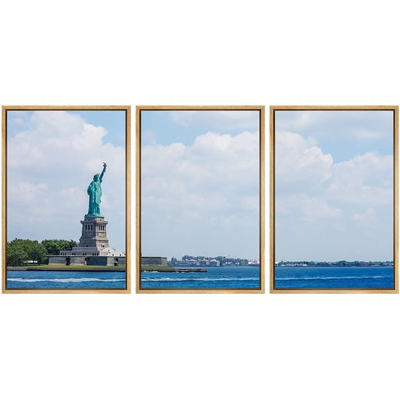 wall26 Framed Canvas Print Wall Art Set Statue of Liberty Ellis Island New York City View Nature Cityscape Photography Realism Landscape Colorful for Living Room, Bedroom, Office - 16"x24"x