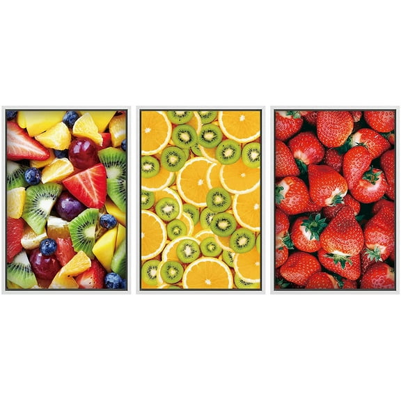 wall26 Framed Canvas Print Wall Art Set Strawberry, Kiwi & Orange Display Food Fruit Photography Realism Chic Closeup Colorful Multicolor Ultra for Living Room, Bedroom, Office - 16"x24"x3 White