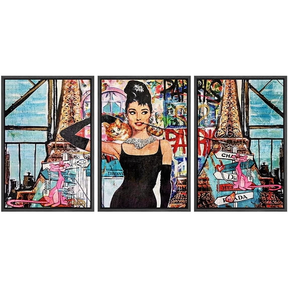 wall26 Framed Canvas Print Wall Art Set Stylish Fashion Audrey Hepburn Graffiti & Street Art Comic Book Illustrations Modern Art Urban Portrait for Living Room, Bedroom, Office - 16"x24"