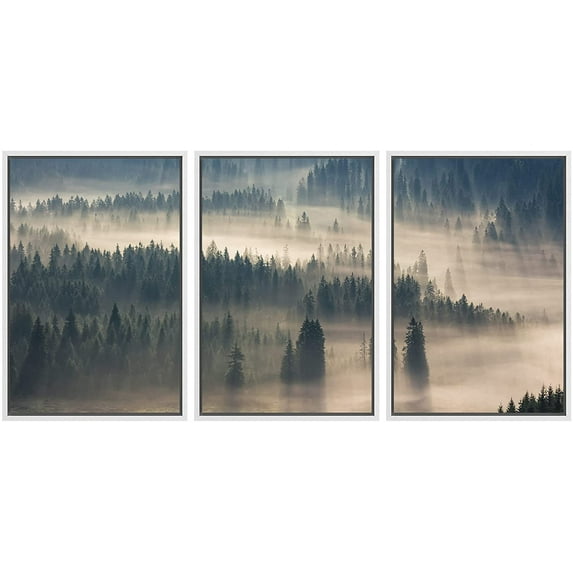 wall26 Framed Canvas Print Wall Art Set Sunlight Over Fir Tree Forest in Misty Valley Nature Wilderness Photography Realism Rustic Colorful for Living Room, Bedroom, Office - 16"x24"x3 Whit