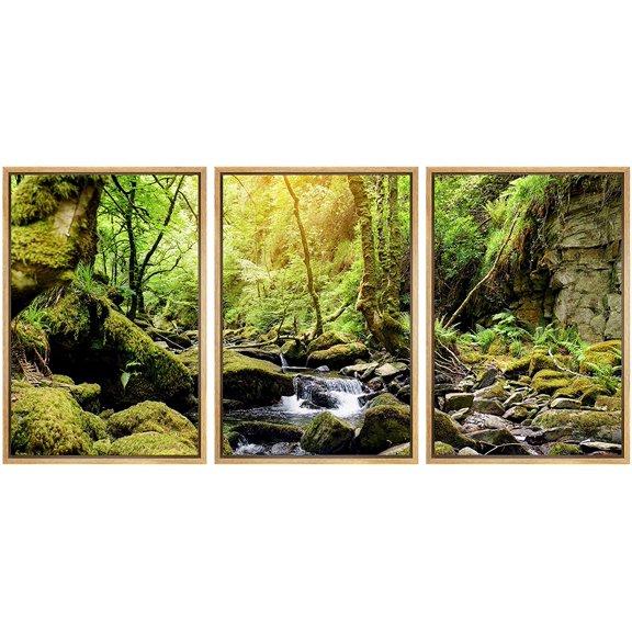 wall26 Framed Canvas Print Wall Art Set Sunlight Springtime Forest River Rapids Nature Wilderness Photography Realism Rustic Landscape Colorful for Living Room, Bedroom, Office - 24"x36"x3