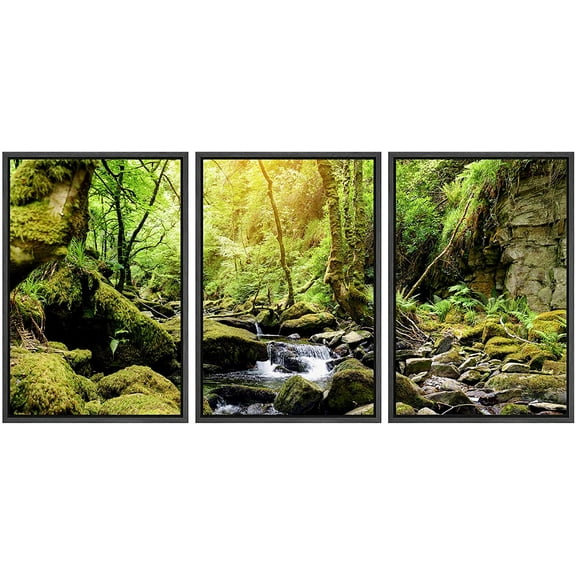 wall26 Framed Canvas Print Wall Art Set Sunlight Springtime Forest River Rapids Nature Wilderness Photography Realism Rustic Landscape Colorful for Living Room, Bedroom, Office - 24"x36"x3