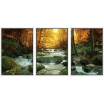 wall26 Framed Canvas Print Wall Art Set Sunlit Autumn Forest Waterfall Ravine Nature Wilderness Photography Realism Rustic Scenic Colorful for Living Room, Bedroom, Office - 16"x24"x3 WHITE