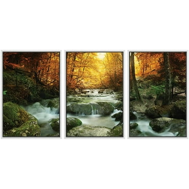 wall26 Framed Canvas Print Wall Art Set Sunlit Autumn Forest Waterfall Ravine Nature Wilderness Photography Realism Rustic Scenic Colorful for Living Room, Bedroom, Office - 16&quot;x24&quot;x3 WHITE