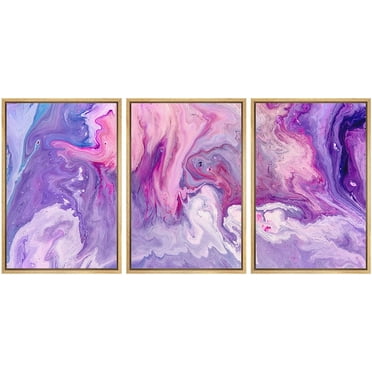 wall26 Framed Canvas Print Wall Art Set Swirling Purple &amp; Pink 70s Paint Strokes Abstract Shapes Illustrations Modern Art Bohemian Multicolor for Living Room, Bedroom, Office - 24&quot;x36&quot;x