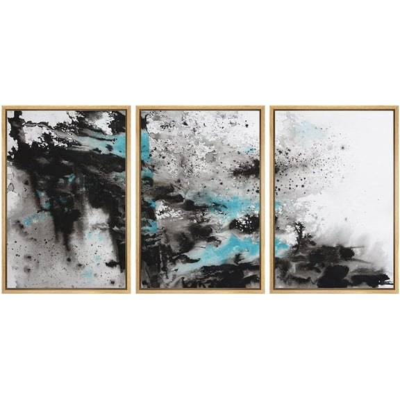 wall26 Framed Canvas Print Wall Art Set Teal Black Spray Paint Landscape Abstract Shapes Illustrations Modern Art Bohemian Decorative Multicolor for Living Room, Bedroom, Office - 24"x36"x3
