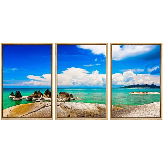 wall26 Framed Canvas Print Wall Art Set Teal Tropical Ocean Sea Island Paradise Nature Wilderness Photography Realism Rustic Landscape Colorful for Living Room, Bedroom, Office - 24"x36"x3