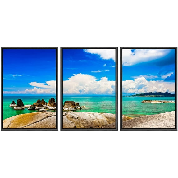 wall26 Framed Canvas Print Wall Art Set Teal Tropical Ocean Sea Island Paradise Nature Wilderness Photography Realism Rustic Landscape Colorful for Living Room, Bedroom, Office - 16"x24"x3