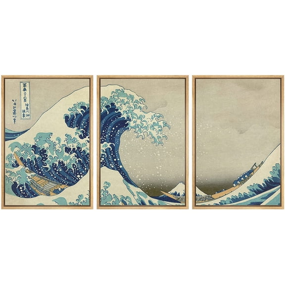 wall26 Framed Canvas Print Wall Art Set The Great Wave Off Kanagawa by Hokusai Cultural Historic Oil Painting Fine Art Reproduction Scenic for Living Room, Bedroom, Office - 16"x24"x3 Natur
