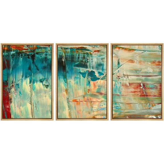 wall26 Framed Canvas Print Wall Art Set Thick Teal, Tan & Orange Paint Color Field Abstract Shapes Illustrations Modern Art Chic Colorful Ultra for Living Room, Bedroom, Office - 24"x36"