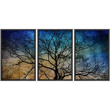 wall26 Framed Canvas Print Wall Art Set Tree Silhouette on Blue &amp; Brown Background Nature Wilderness Digital Art Modern Art Rustic Scenic Colorful for Living Room, Bedroom, Office - 16&quot;x24&q