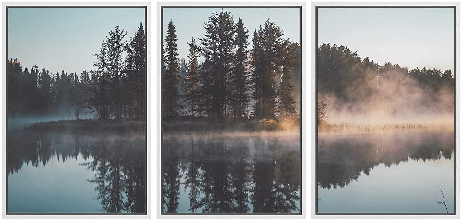 Misty Forest Landscape Geometric Framed Canvas Print Set
