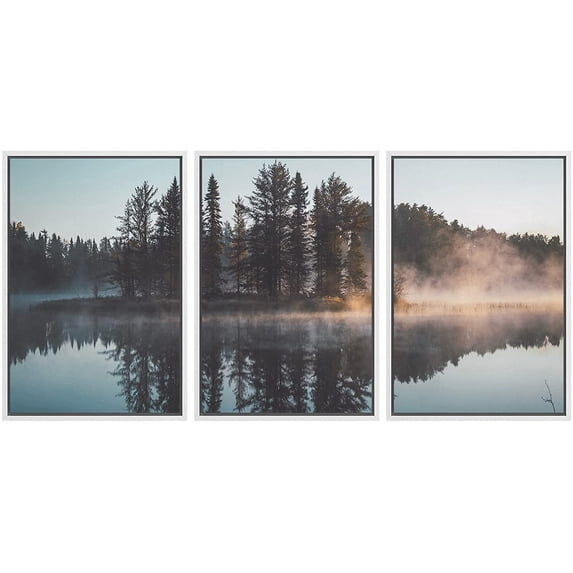wall26 Framed Canvas Print Wall Art Set Trees with Misty Lake Reflection Nature Wilderness Photography Realism Contemporary Expressive Multicolor for Living Room, Bedroom, Office - 16"x24"x