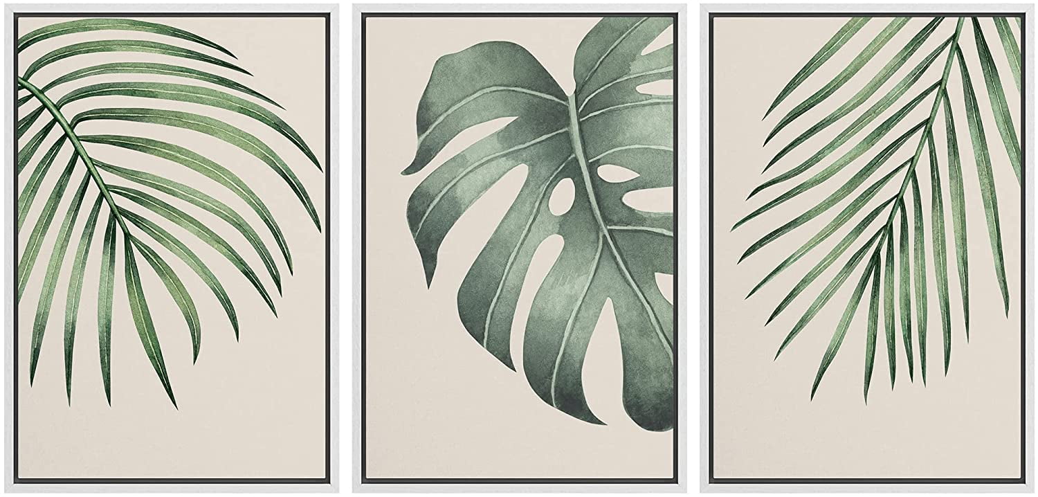 White Framed Geometric Green Botanical Canvas Print Set