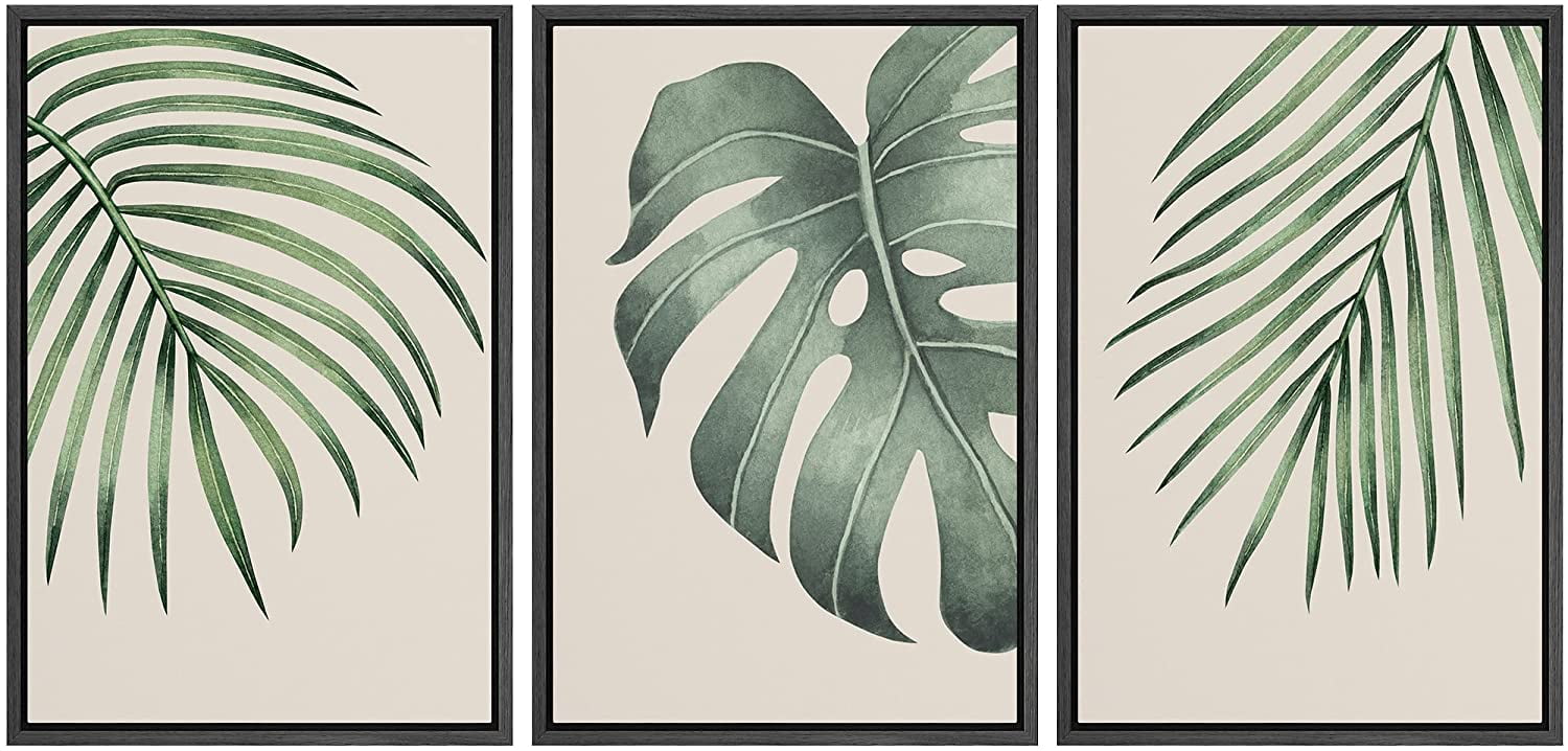 Modern Black Framed Green Tropical Leaf Canvas Print Set