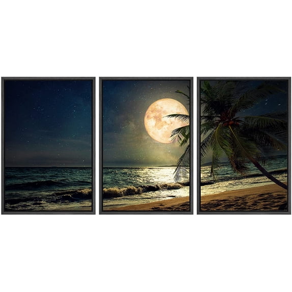 wall26 Framed Canvas Print Wall Art Set Tropical Island Moonlight Beach Shore Nature Wilderness Photography Realism Rustic Landscape Colorful Cool for Living Room, Bedroom, Office - 16"x24"