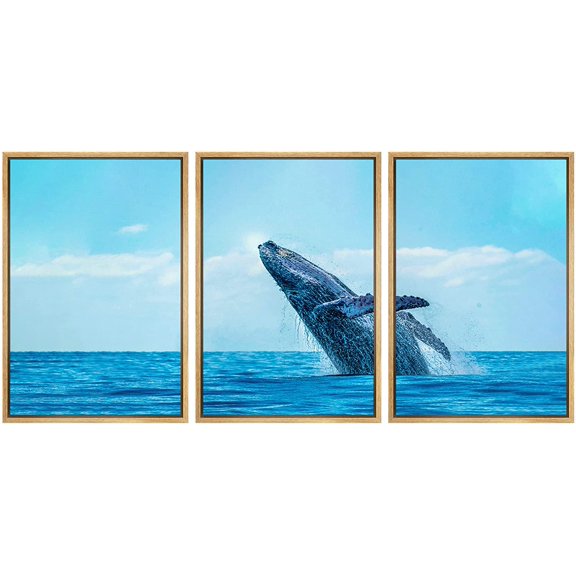 wall26 Framed Canvas Print Wall Art Set Tropical Island Ocean Horizon Blue Whale Nature Animals Photography Realism Rustic Landscape Colorful for Living Room, Bedroom, Office - 16"x24"x3 NA