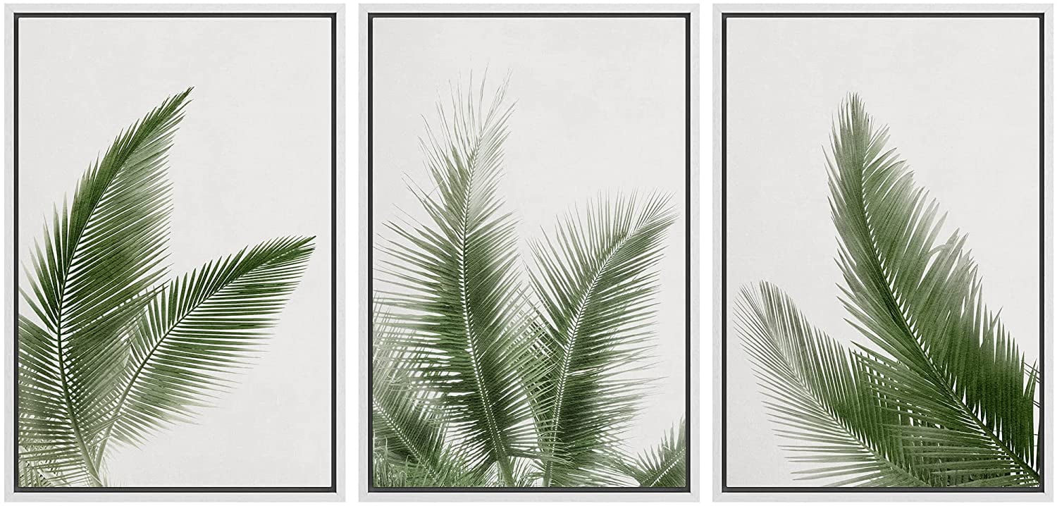 Modern Green Palm Leaf Geometric Framed Canvas Print Set
