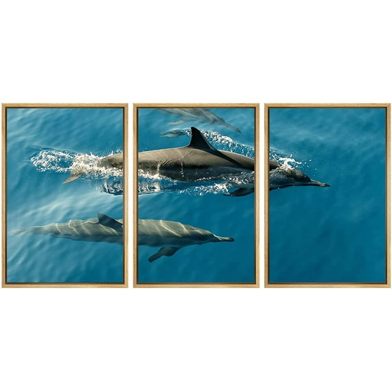 wall26 Framed Canvas Print Wall Art Set Tropical Sea Ocean Wave Underwater Dolphins Nature Animals Photography Realism Rustic Landscape Colorful for Living Room, Bedroom, Office - 24"x36"x3