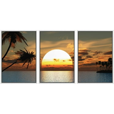 wall26 Framed Canvas Print Wall Art Set Tropical Sunset on Beach Paradise Nature Wilderness Photography Realism Rustic Scenic Colorful Multicolor for Living Room, Bedroom, Office - 24&quot;x36&quot;x