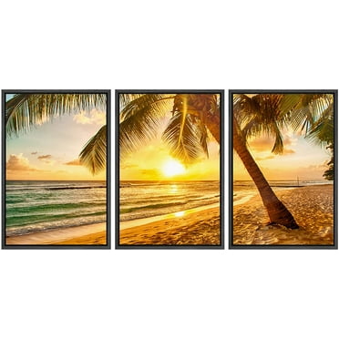 wall26 Framed Canvas Print Wall Art Set Tropical Sunset Palm Tree Beach Paradise Nature Wilderness Photography Realism Rustic Landscape Colorful for Living Room, Bedroom, Office - 16&quot;x24&quot;x3