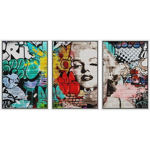 wall26 Framed Canvas Print Wall Art Set Urban High Contrast Marilyn Monroe Portrait Graffiti & Street Art People Illustrations Pop Art Colorful for Living Room, Bedroom, Office - 24"x36"