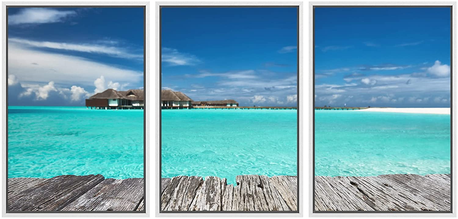 wall26 Framed Canvas Print Wall Art Set Vibrant Blue Beach & Bungalows ...