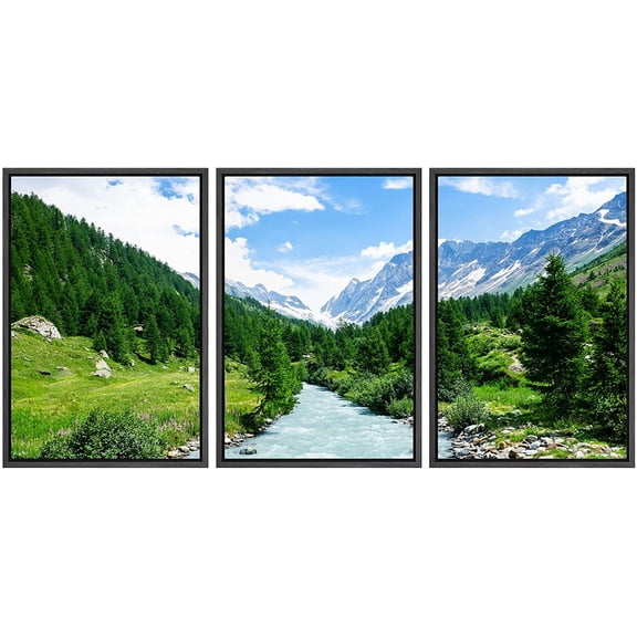 wall26 Framed Canvas Print Wall Art Set Vibrant Emerald Forest Valley River Nature Wilderness Photography Realism Decorative Landscape Colorful for Living Room, Bedroom, Office - 16"x24"x3