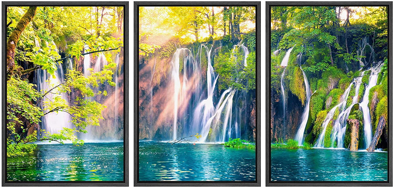 wall26 Framed Canvas Print Wall Art Set Vibrant Lake Forest Waterfall ...