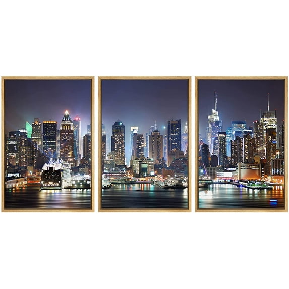 wall26 Framed Canvas Print Wall Art Set Vibrant NYC Manhattan Skyline at Night Nature Wilderness Photography Realism Rustic Scenic Travel Ultra for Living Room, Bedroom, Office - 16"x24"x3