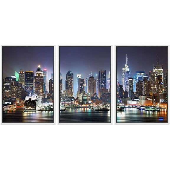 wall26 Framed Canvas Print Wall Art Set Vibrant NYC Manhattan Skyline at Night Nature Wilderness Photography Realism Rustic Scenic Travel Ultra for Living Room, Bedroom, Office - 24"x36"x3